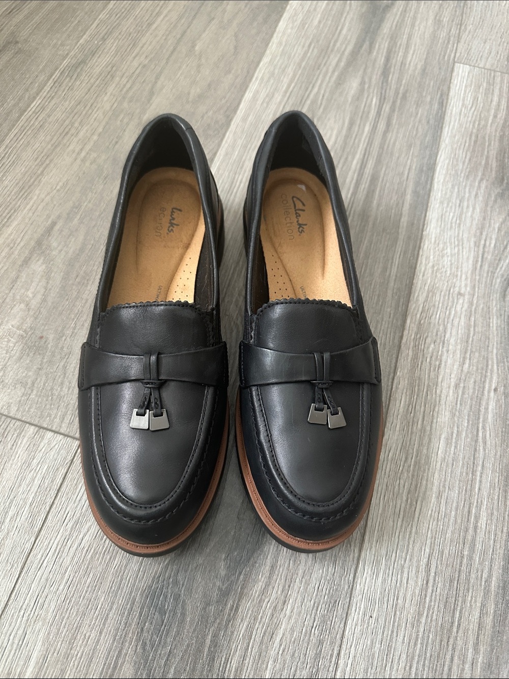 Clarks Black Leather Tassel Penny Loafers